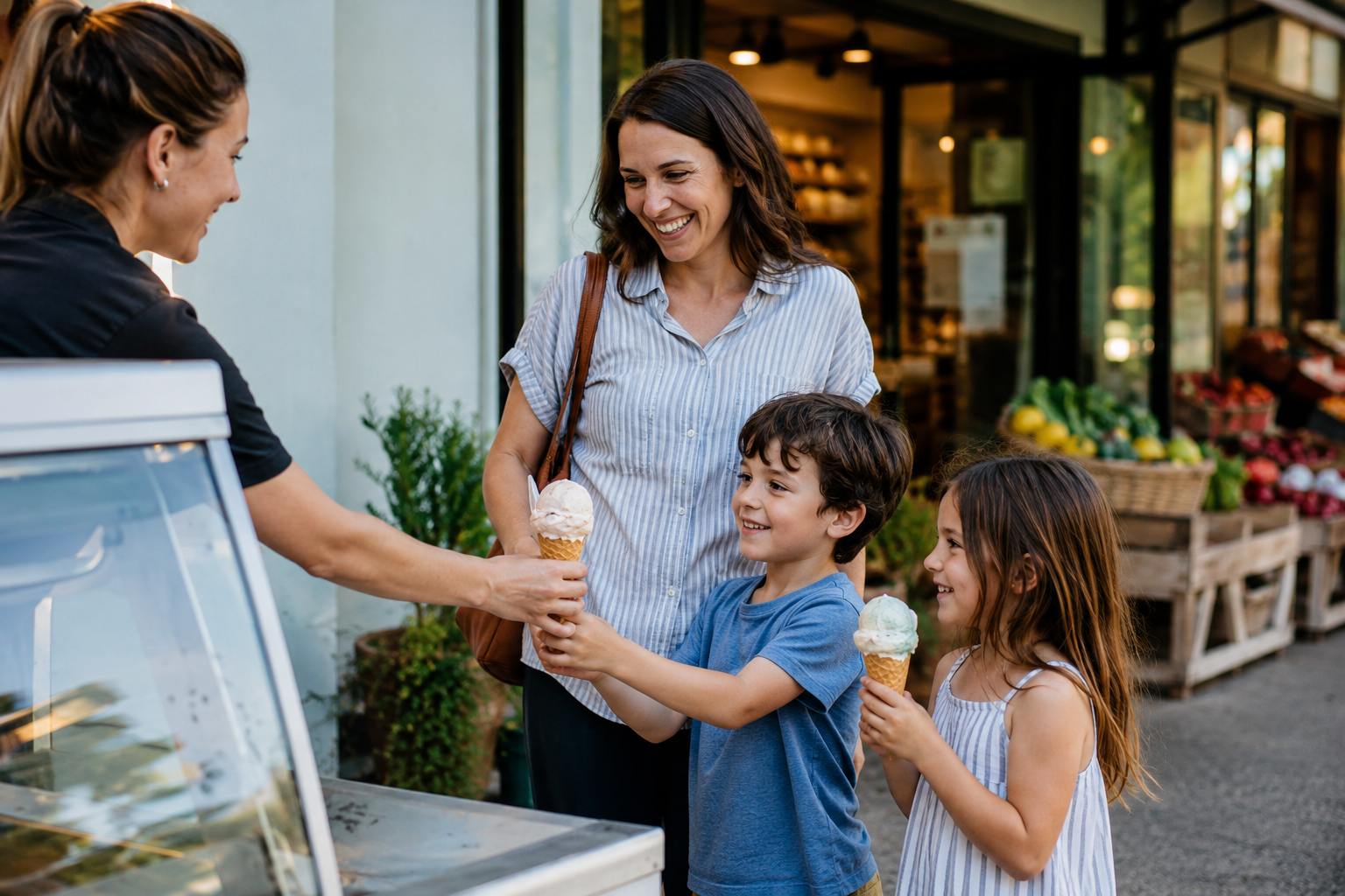 Mother and children receiving ice cream outside a neighborhood market before shopping.